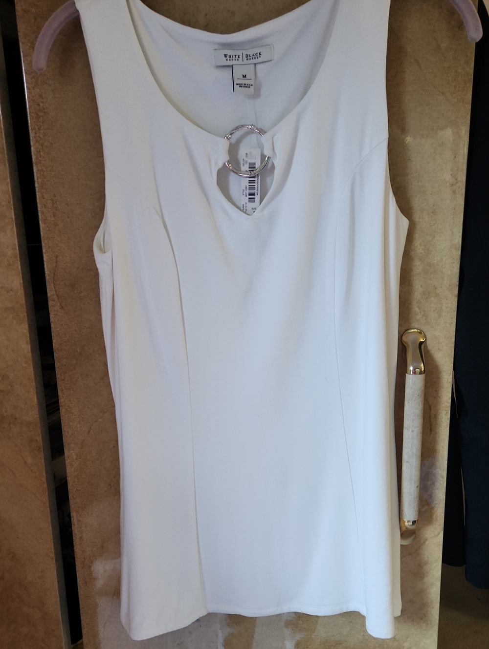 White House Black Market White Sleeveless Shirt/Top with Silver tone Ring Accent
